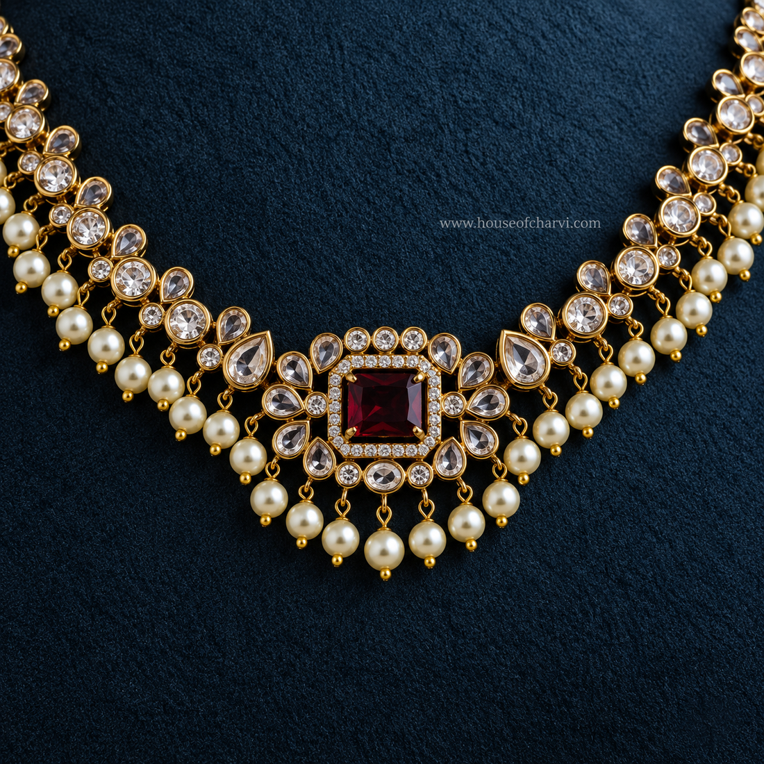 Ruby CZ Pearl Necklace Set