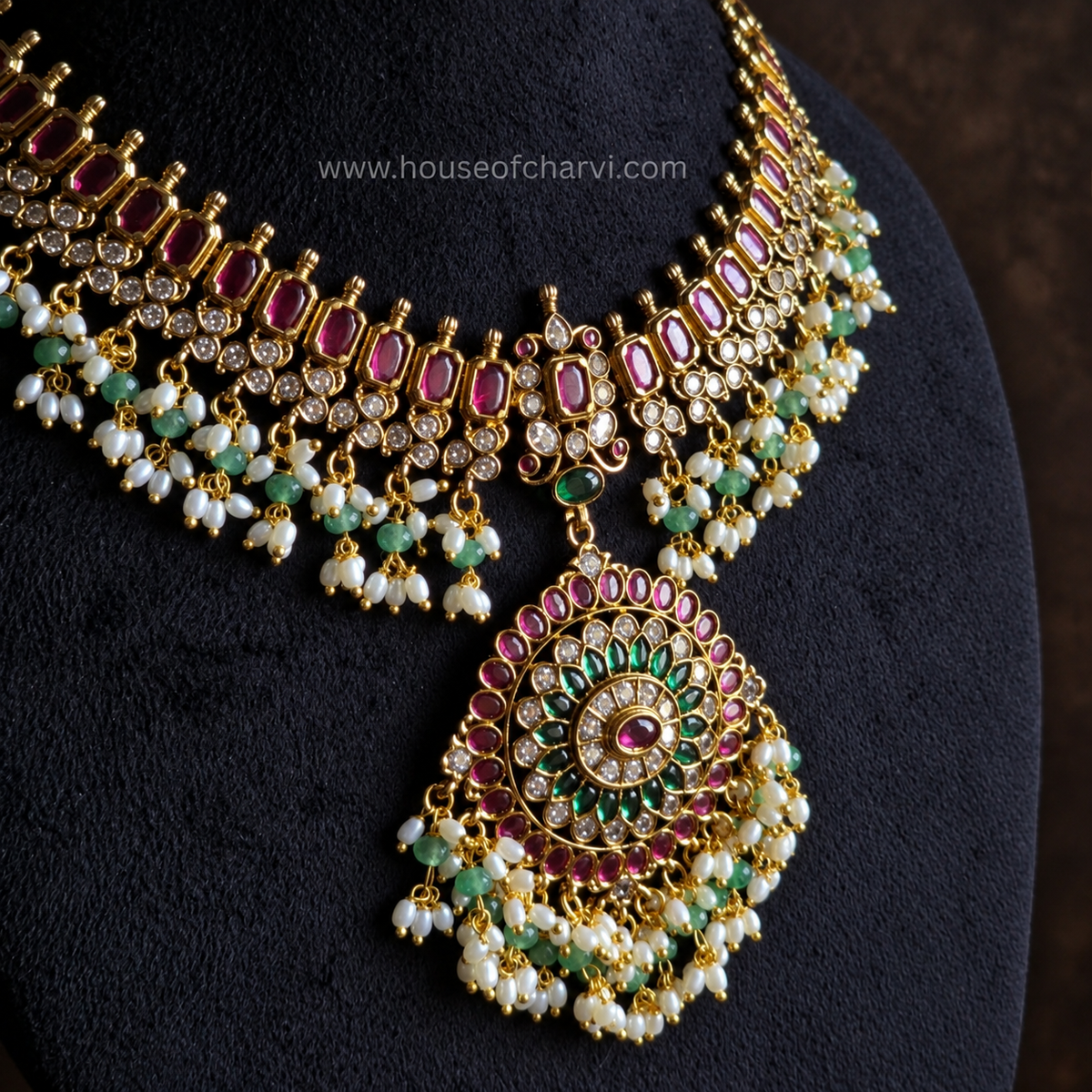 Ruby Green Kundan Necklace Set