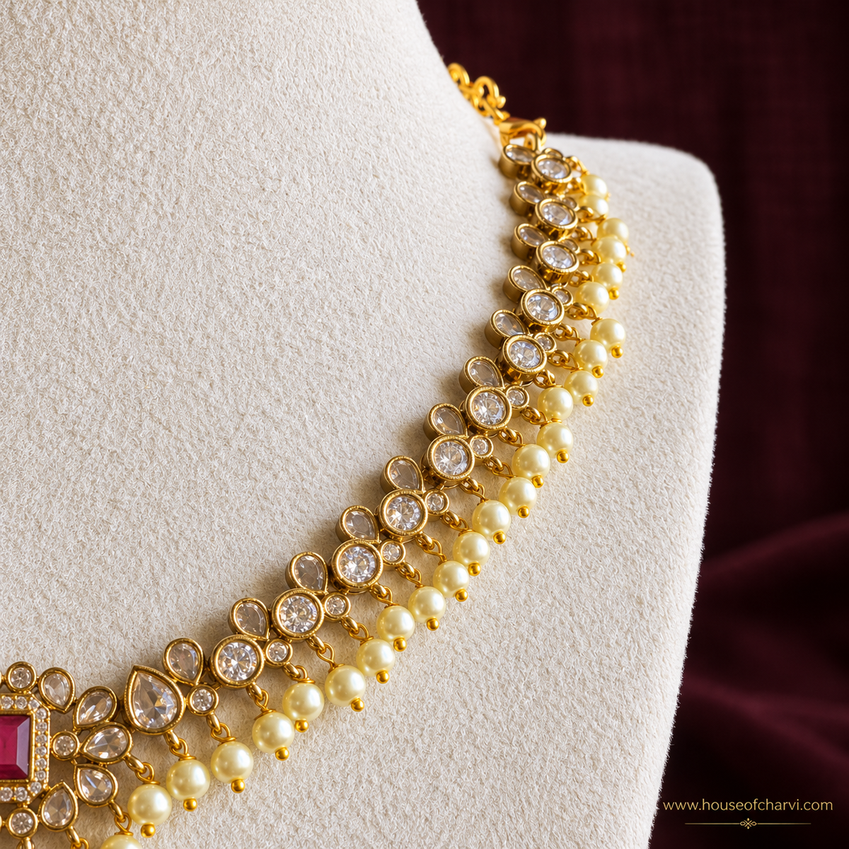 Ruby CZ Pearl Necklace Set