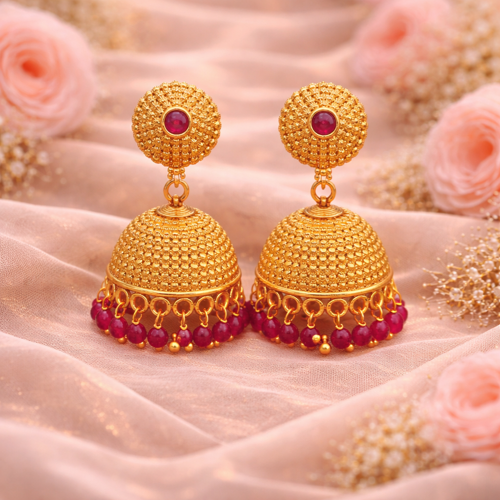 Antique Ruby Bead Jhumka Earrings ( Medium )