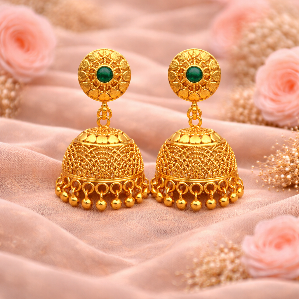 Emerald Heart Jhumka Earrings ( Medium )