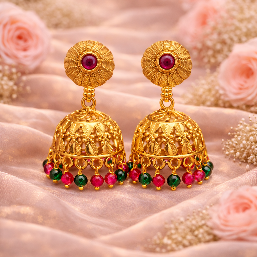 Ruby Emerald Bead Jhumka Earrings ( Small )