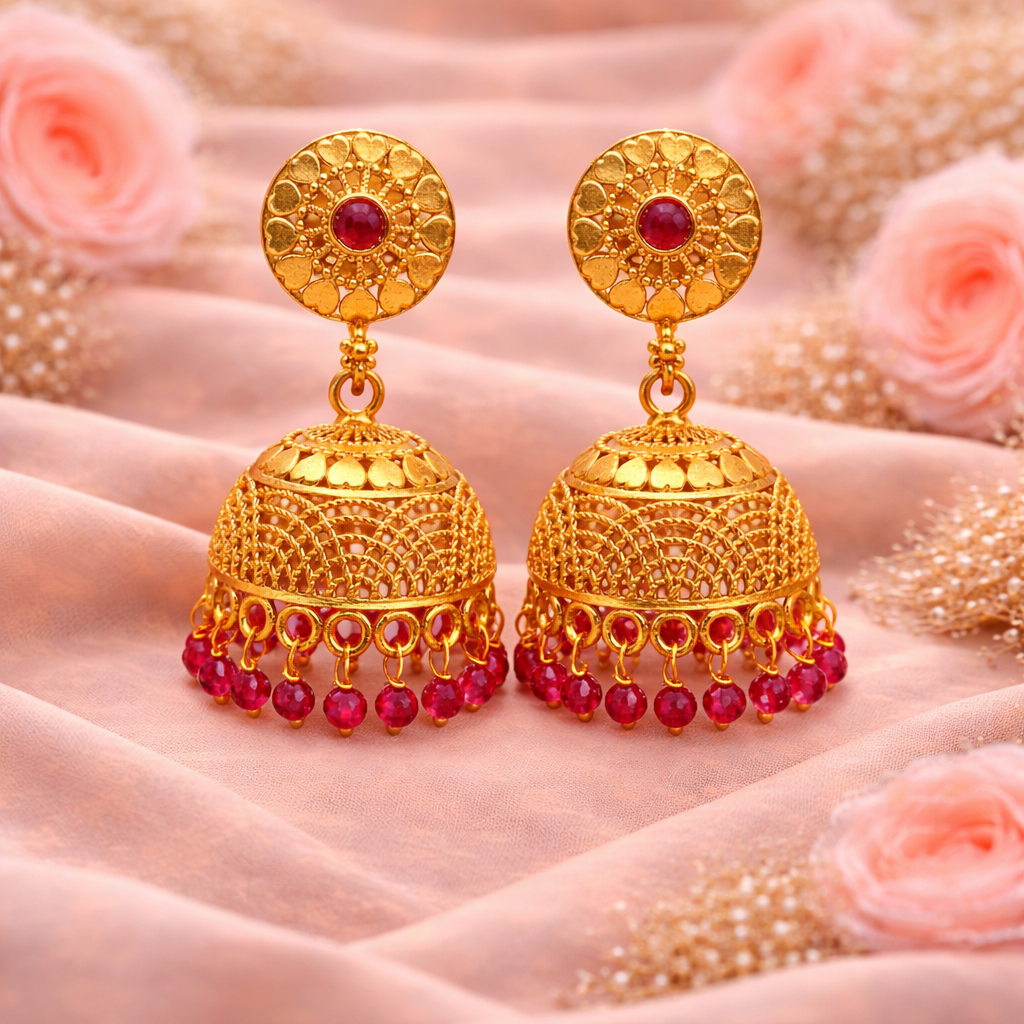 Antique Ruby Heart Jhumka Earrings (Medium)