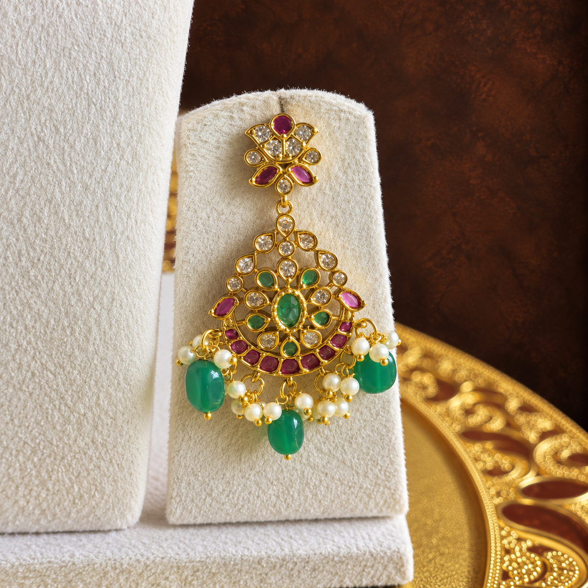 Antique Gold Ruby Green Bead Necklace Set