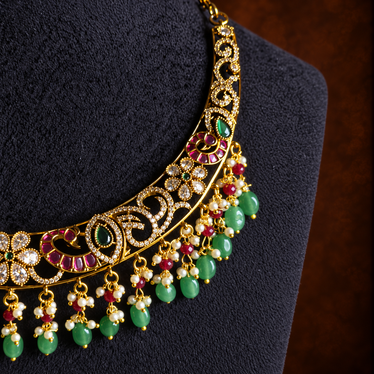 Antique Gold Green Bead Choker Necklace Set