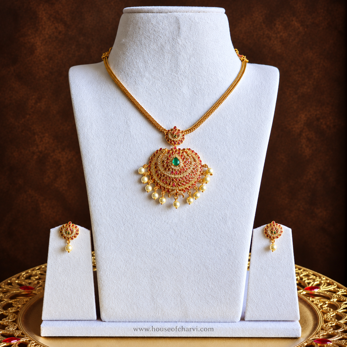 Pink and Green Stone Necklace Set