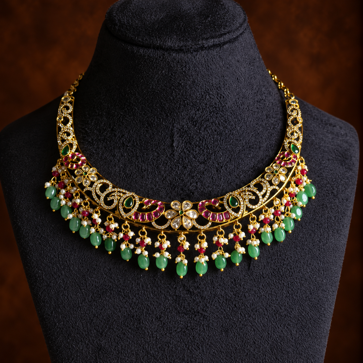 Antique Gold Green Bead Choker Necklace Set
