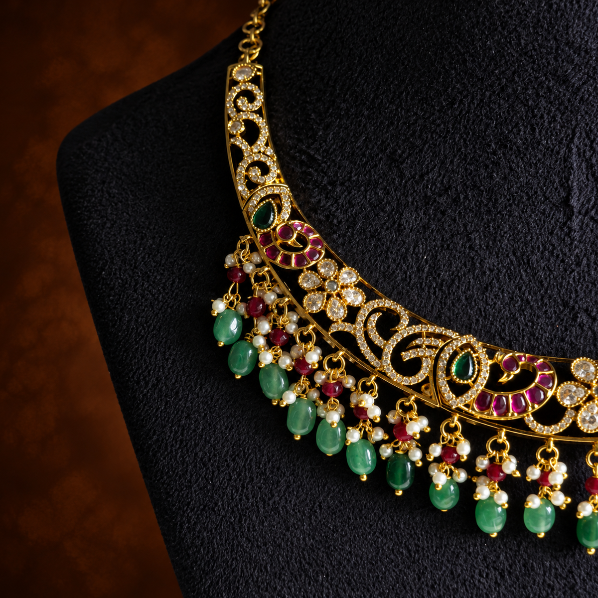 Antique Gold Green Bead Choker Necklace Set