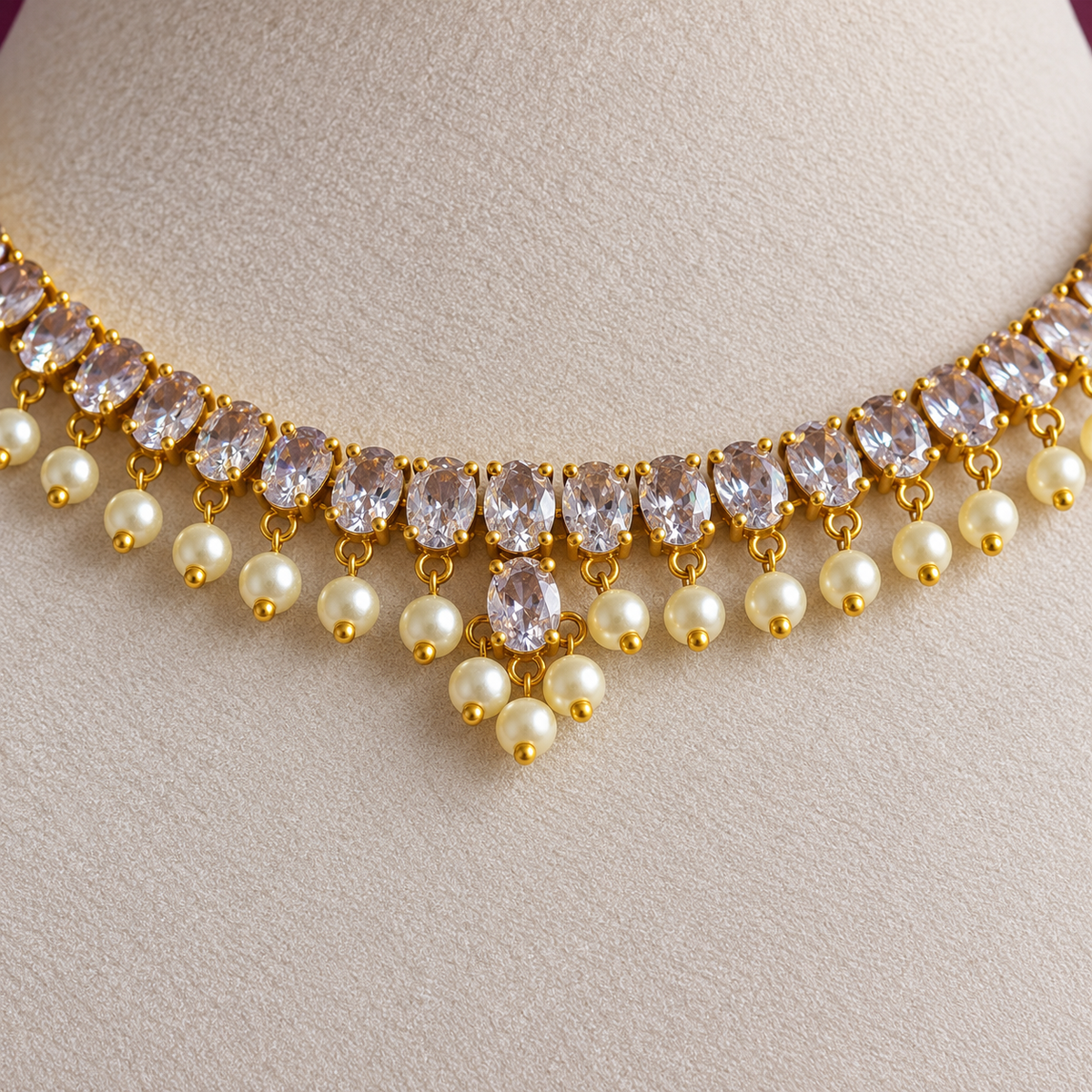 White Crystal Pearl Drop Choker Necklace Set