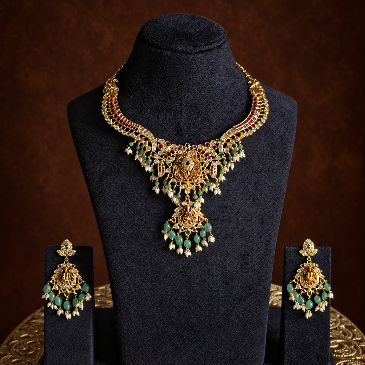 Antique Gold Ruby Green Necklace Set