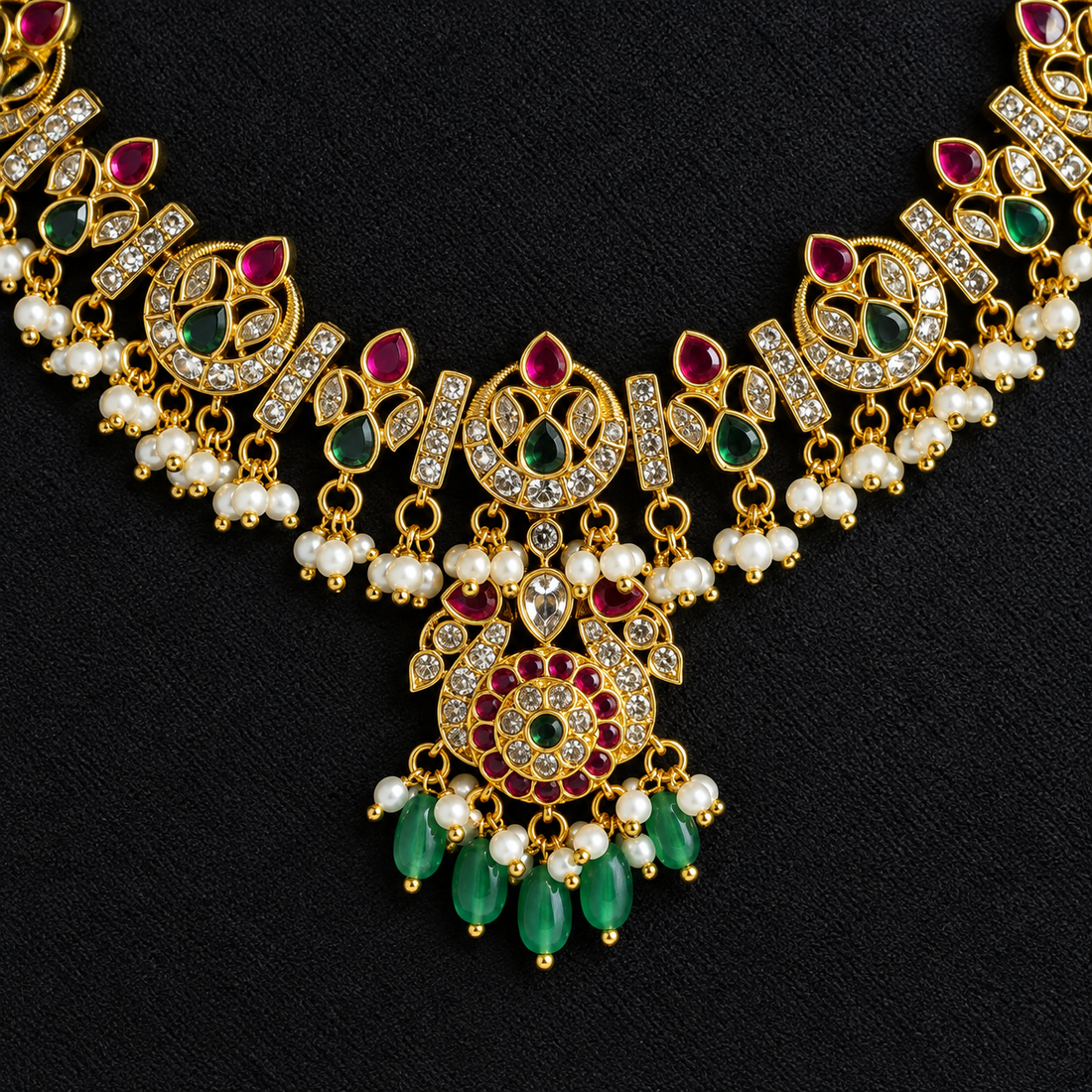 Antique Gold Ruby Green Pearl Necklace Set