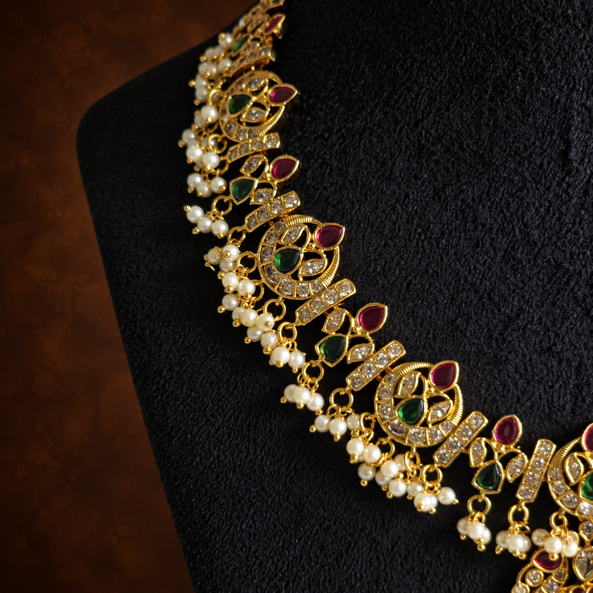 Antique Gold Ruby Green Pearl Necklace Set