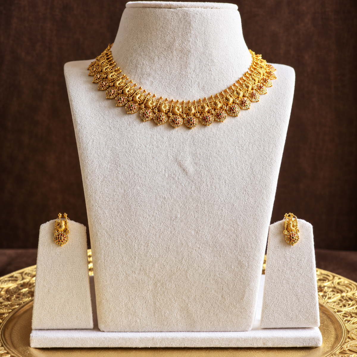 Gold-Toned CZ Floral Choker Necklace Set