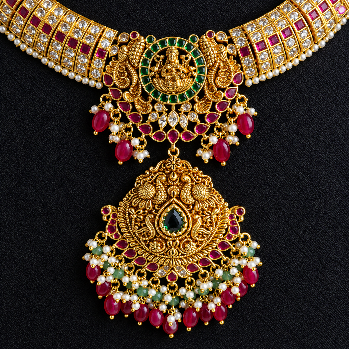 Antique Gold Lakshmi Ruby Green Necklace Set