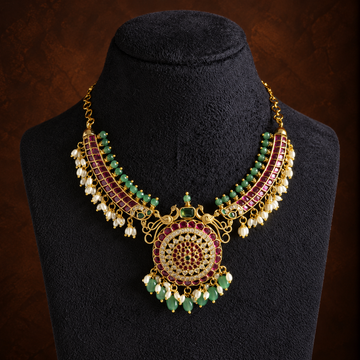 Antique Gold Ruby Green Pearl Necklace Set