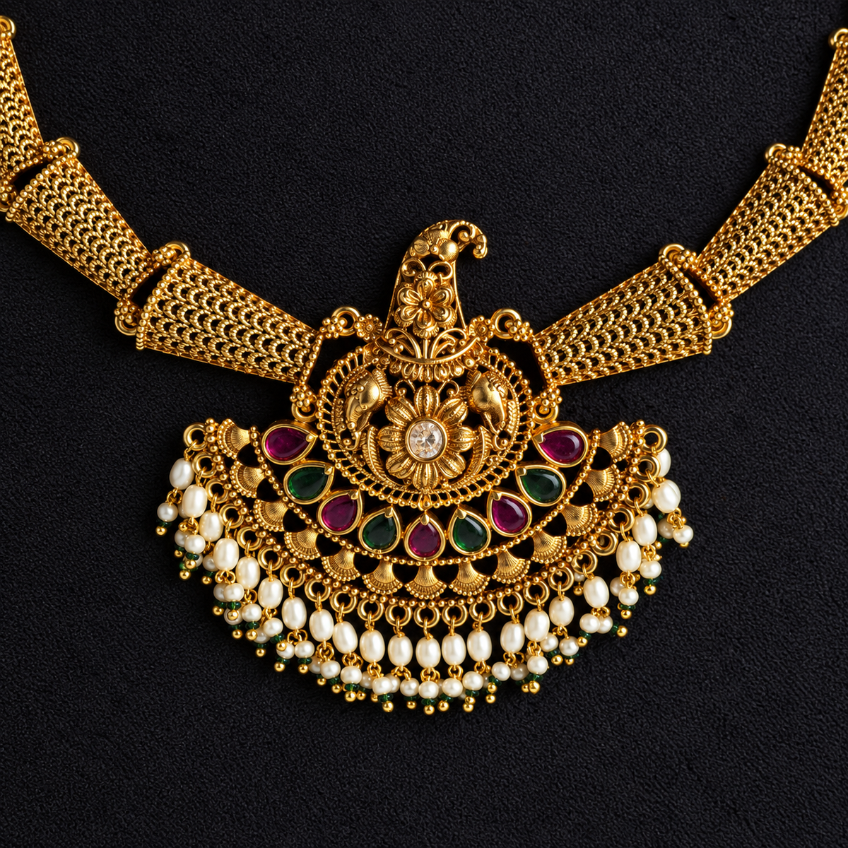 Antique Gold Temple Pearl Necklace Set