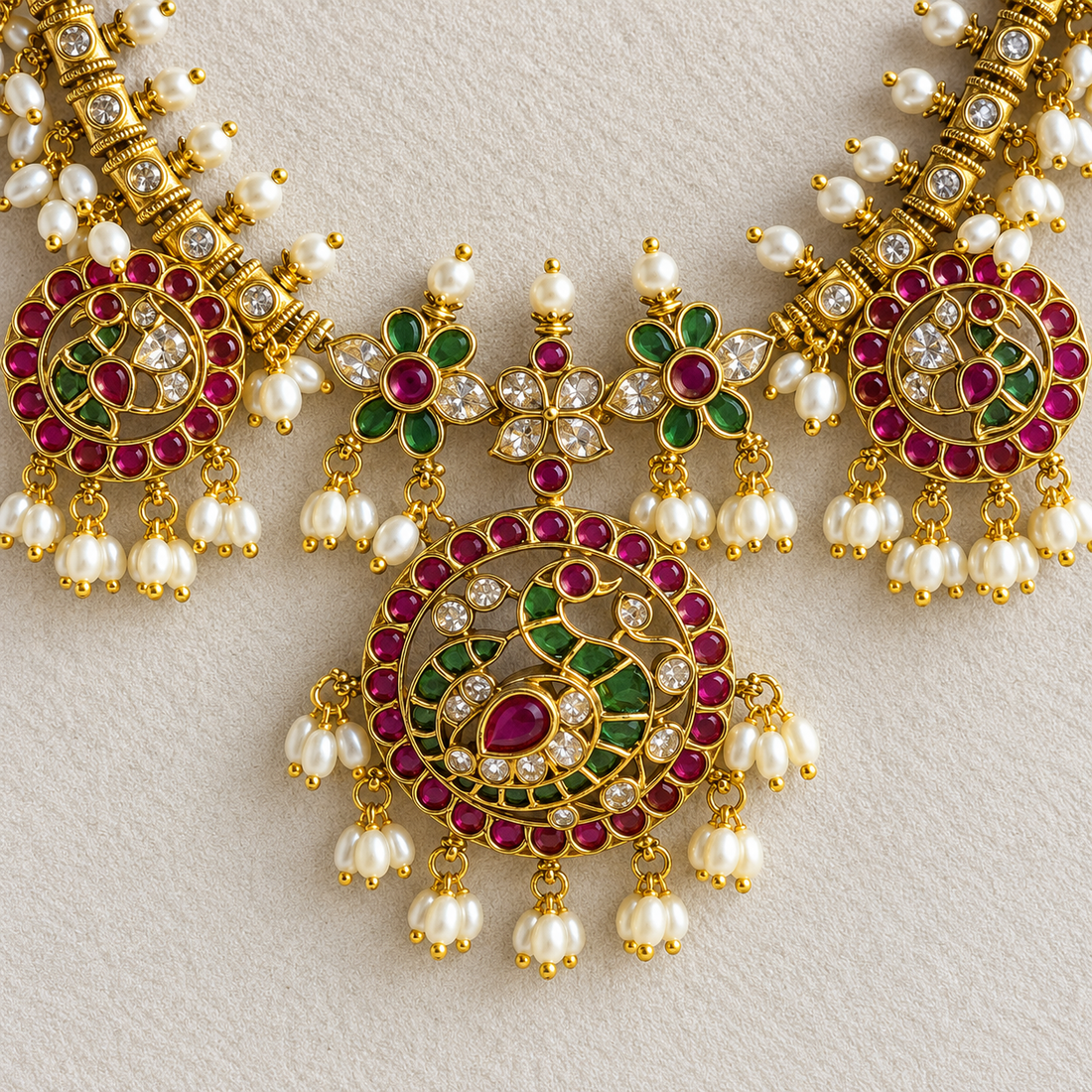 Antique Gold Ruby Green Pearl Necklace Set