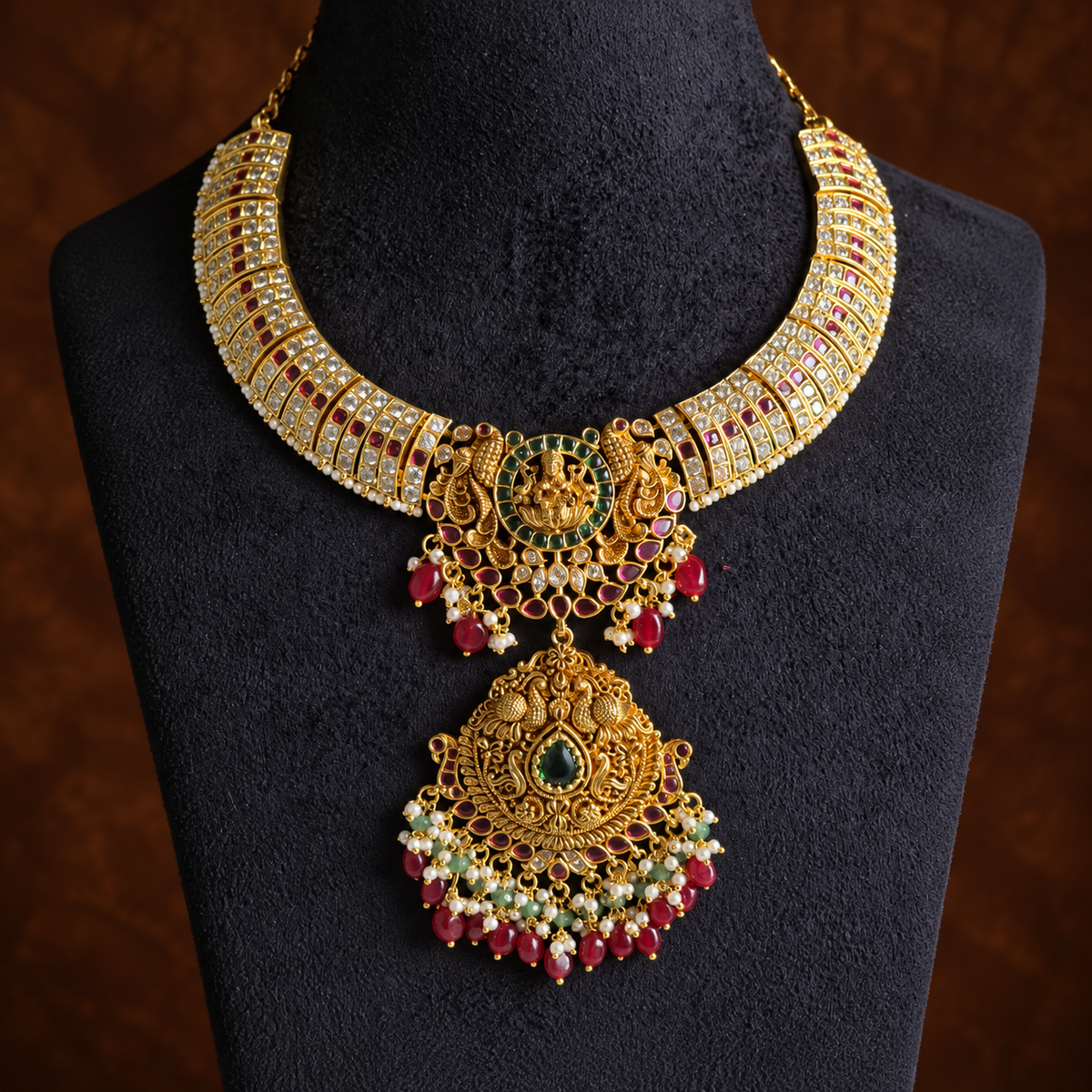 Antique Gold Lakshmi Ruby Green Necklace Set