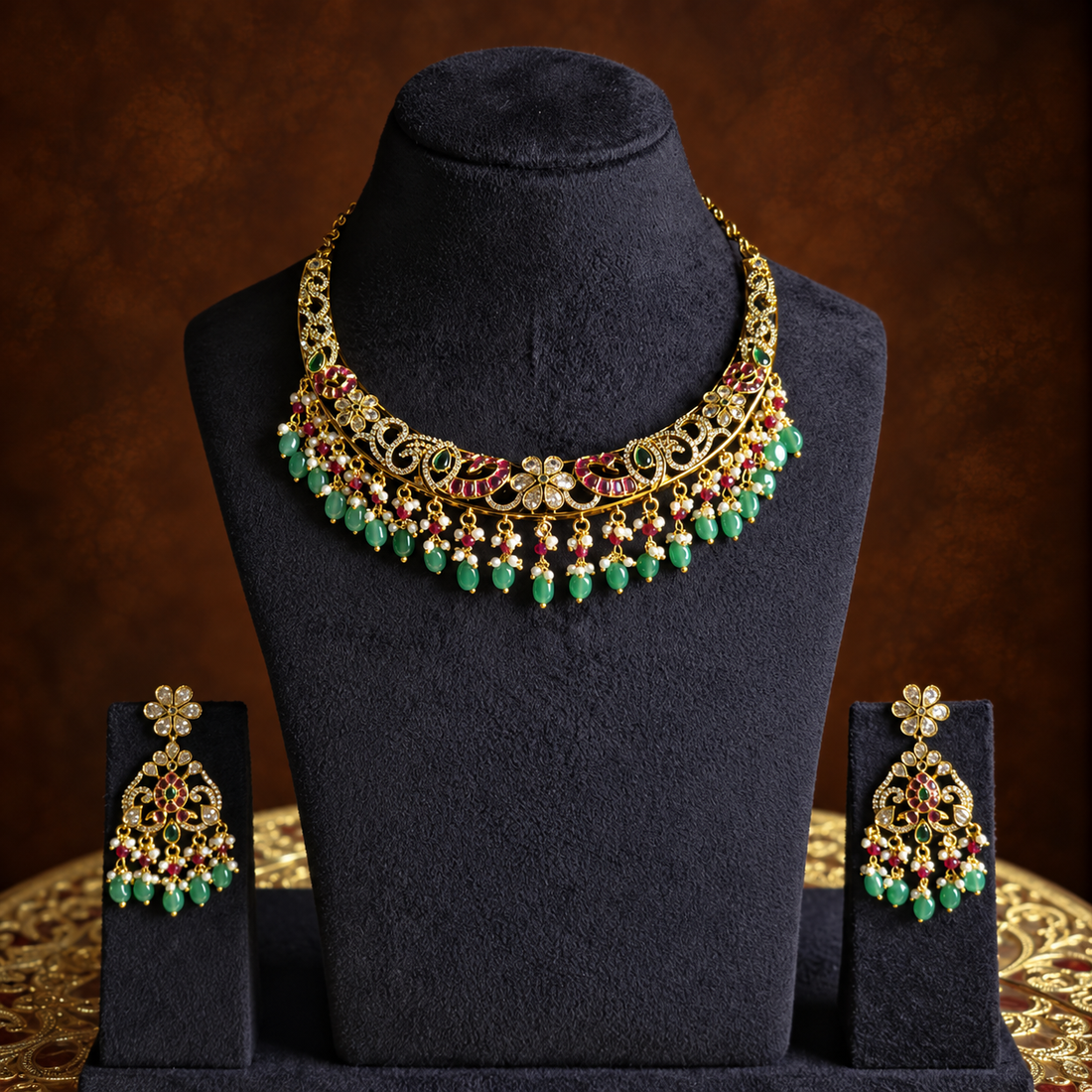 Antique Gold Green Bead Choker Necklace Set
