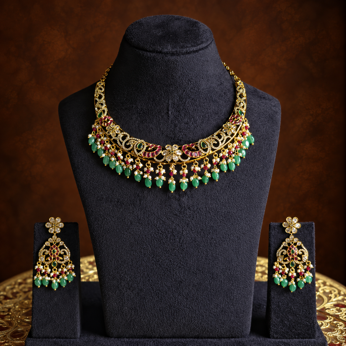 Antique Gold Green Bead Choker Necklace Set