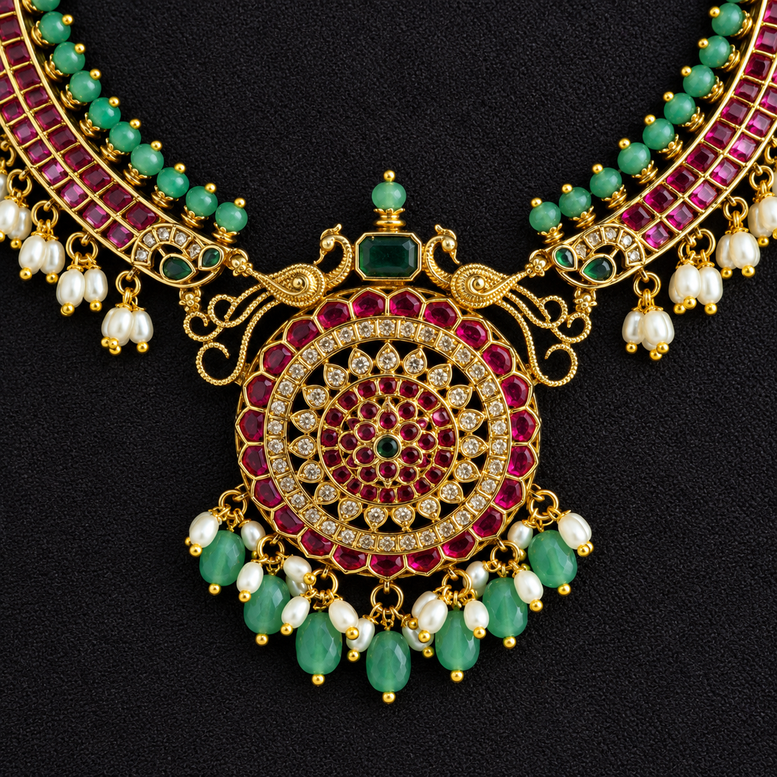 Antique Gold Ruby Green Pearl Necklace Set
