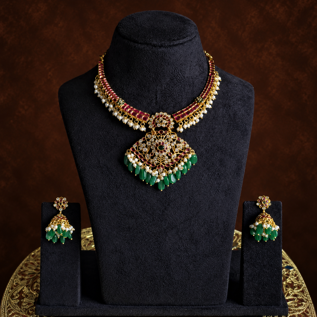 Ruby Green Pearl Pendant Set