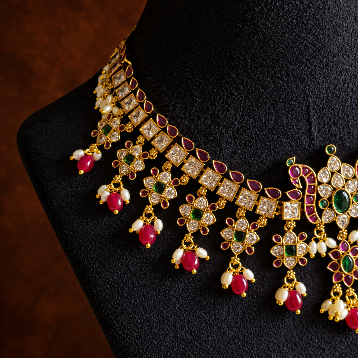 Ruby Green Floral Choker Necklace Set