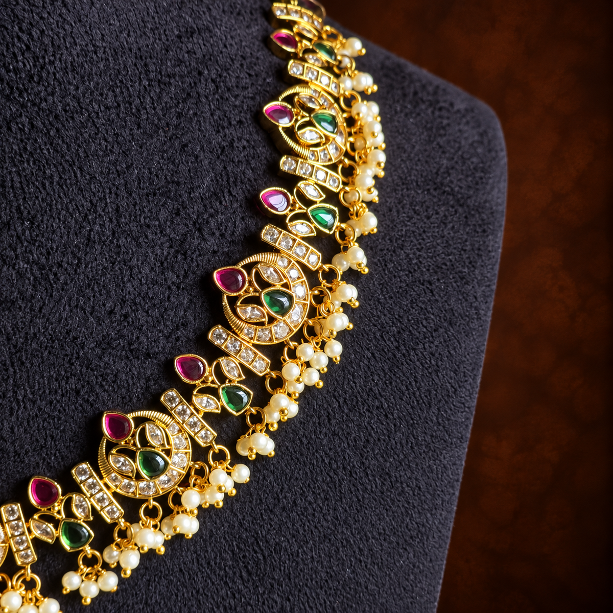 Antique Gold Ruby Green Pearl Necklace Set