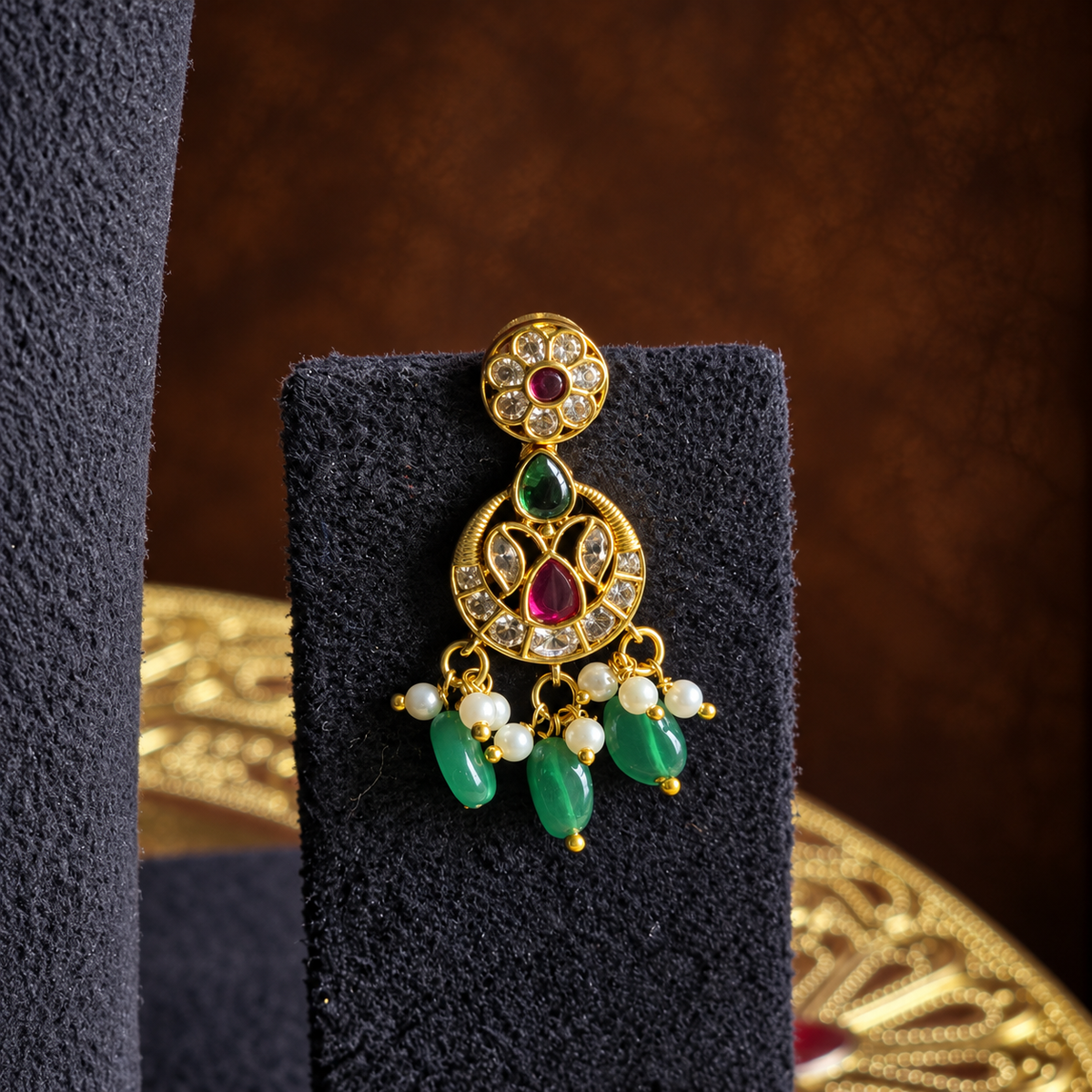 Antique Gold Ruby Green Pearl Necklace Set