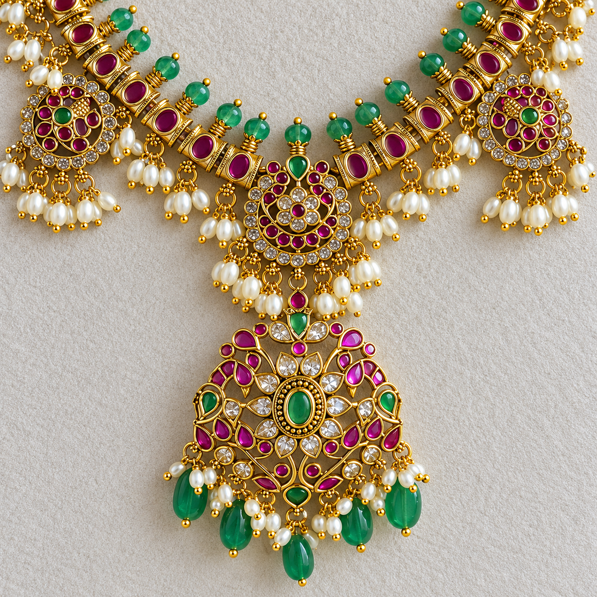 Antique Gold Ruby Green Bead Necklace Set