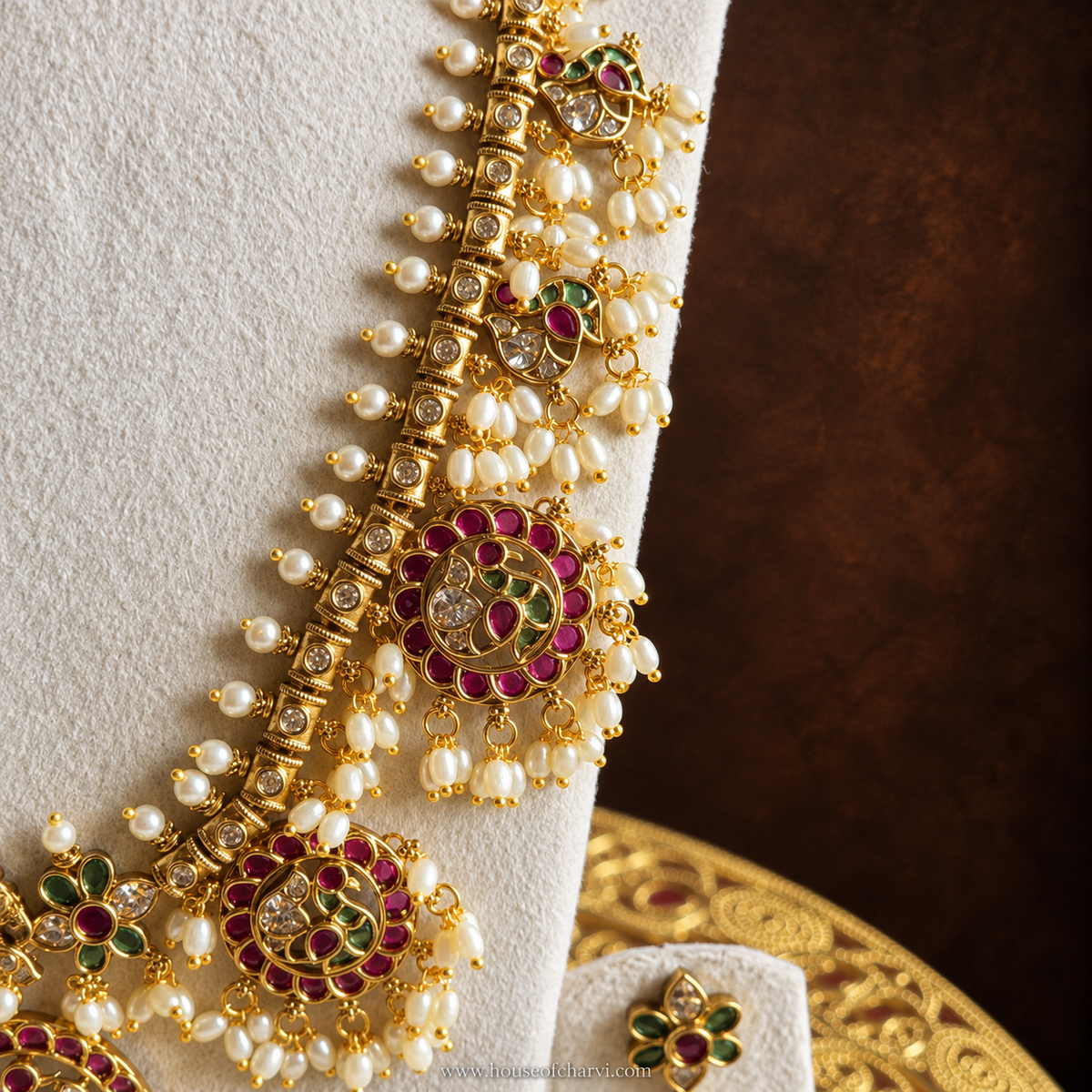 Antique Gold Ruby Green Pearl Necklace Set
