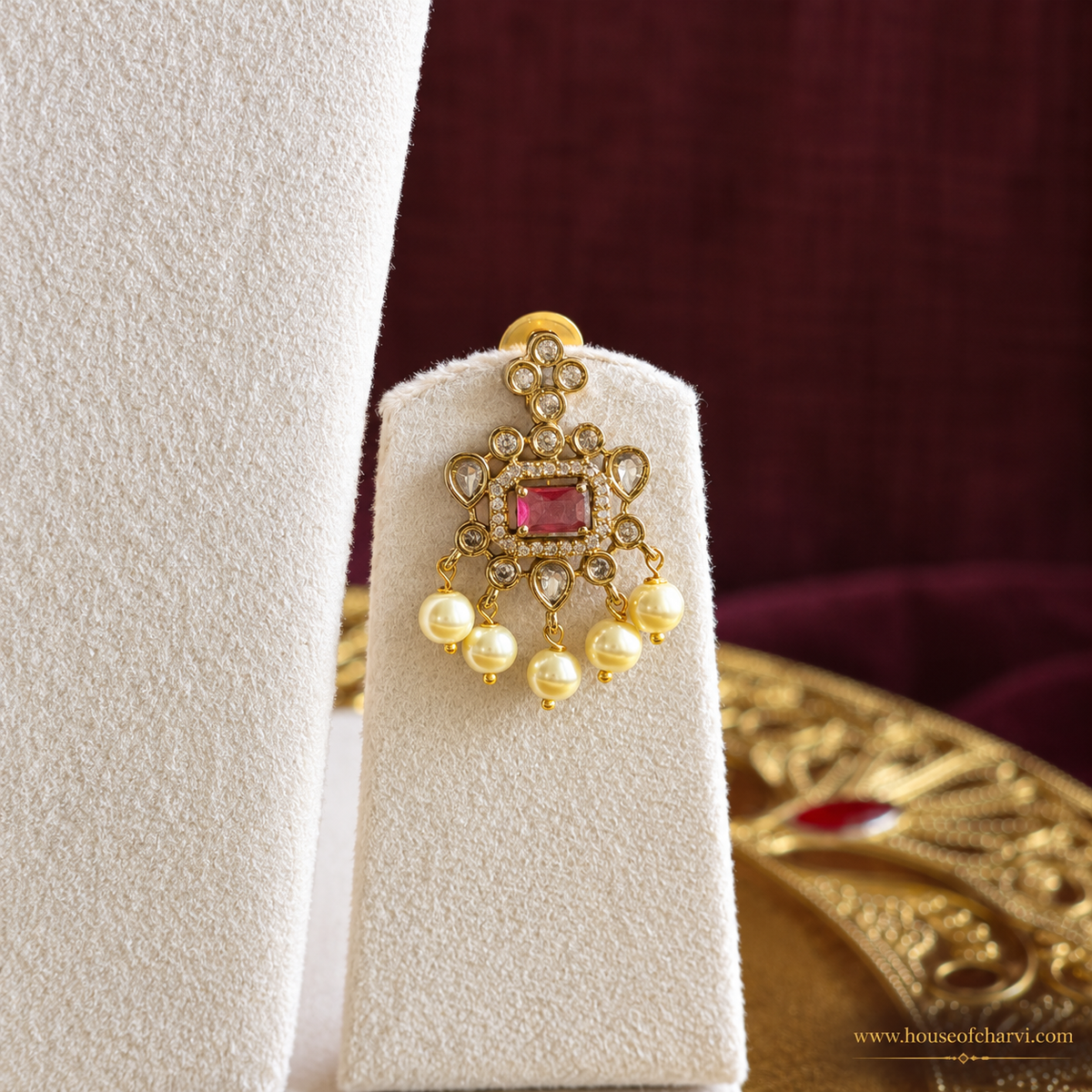 Ruby CZ Pearl Necklace Set