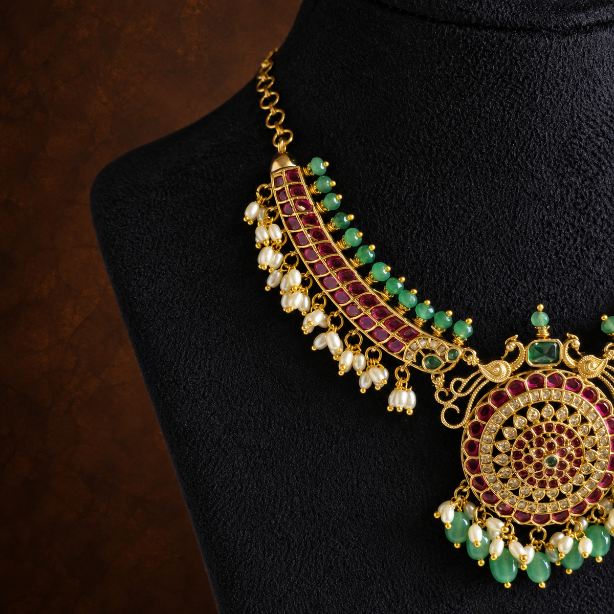 Antique Gold Ruby Green Pearl Necklace Set
