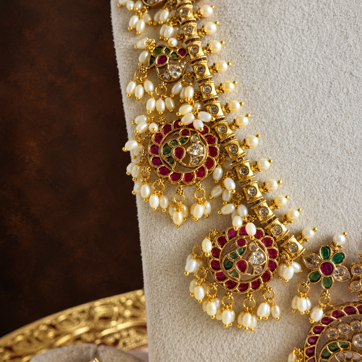 Antique Gold Ruby Green Pearl Necklace Set