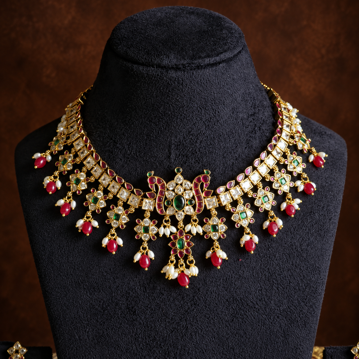 Ruby Green Floral Choker Necklace Set