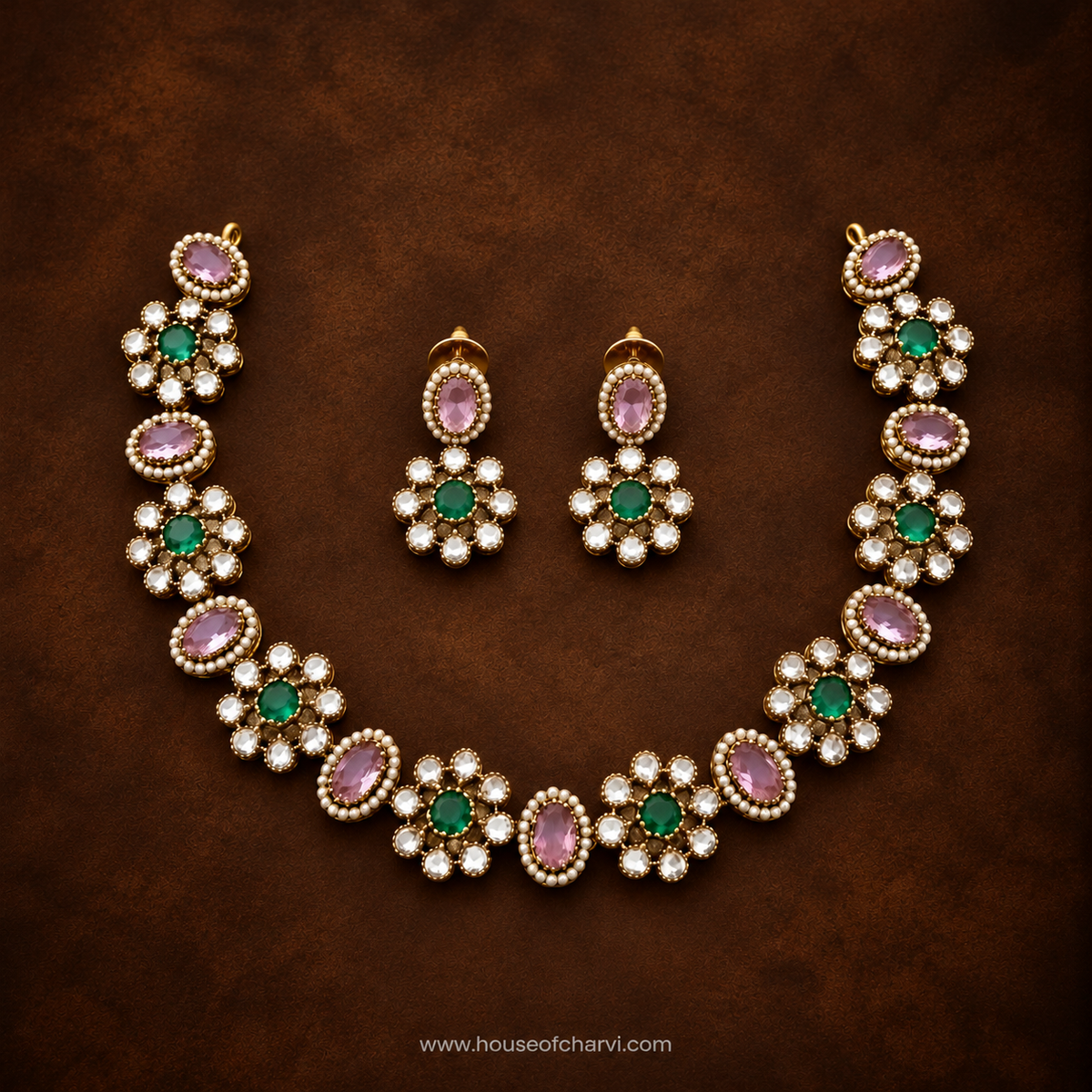 Green and Pink Stone Floral Necklace Set