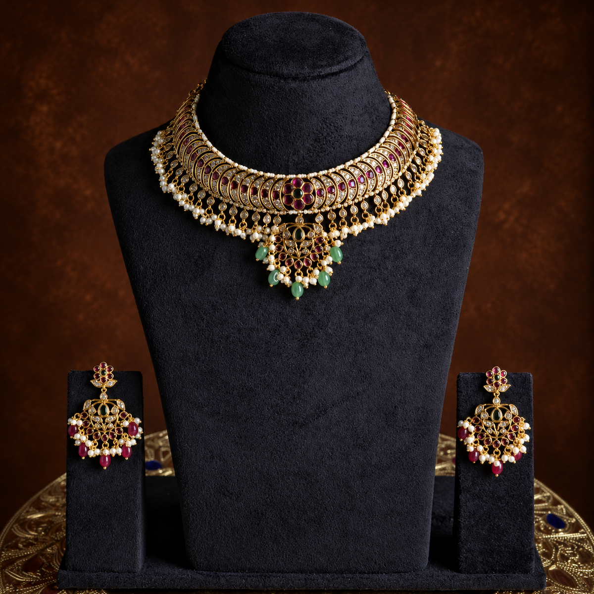Ruby Green Pearl Choker Set