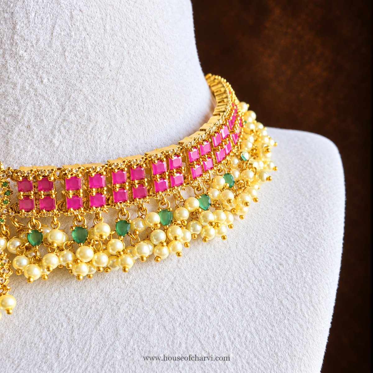 Ruby CZ Pearl Choker Necklace Set