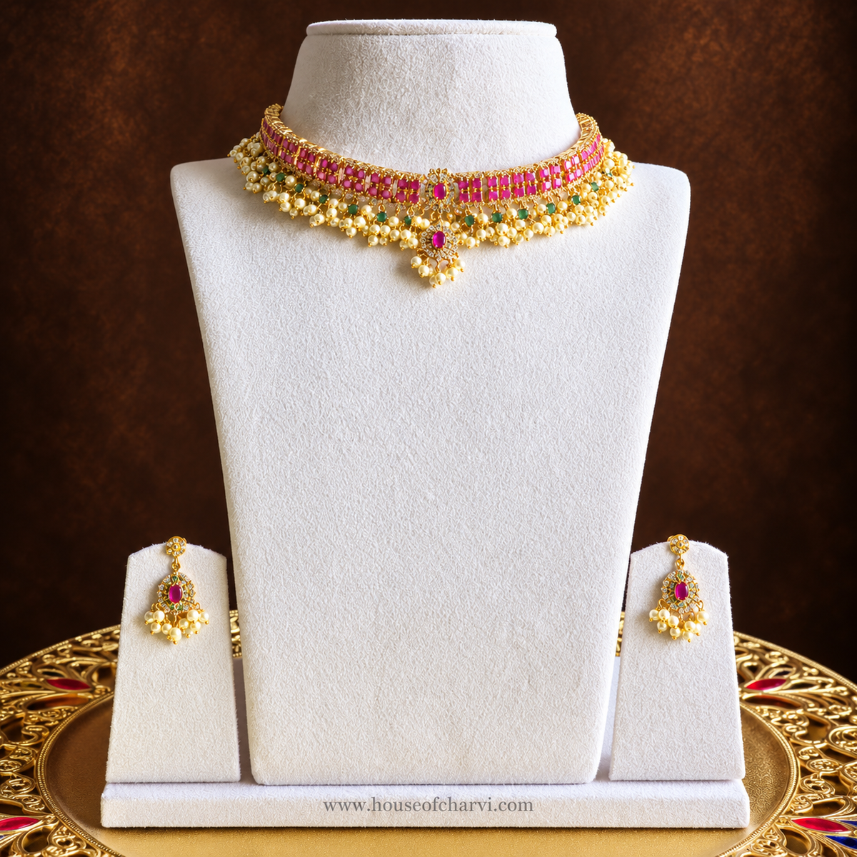Ruby CZ Pearl Choker Necklace Set