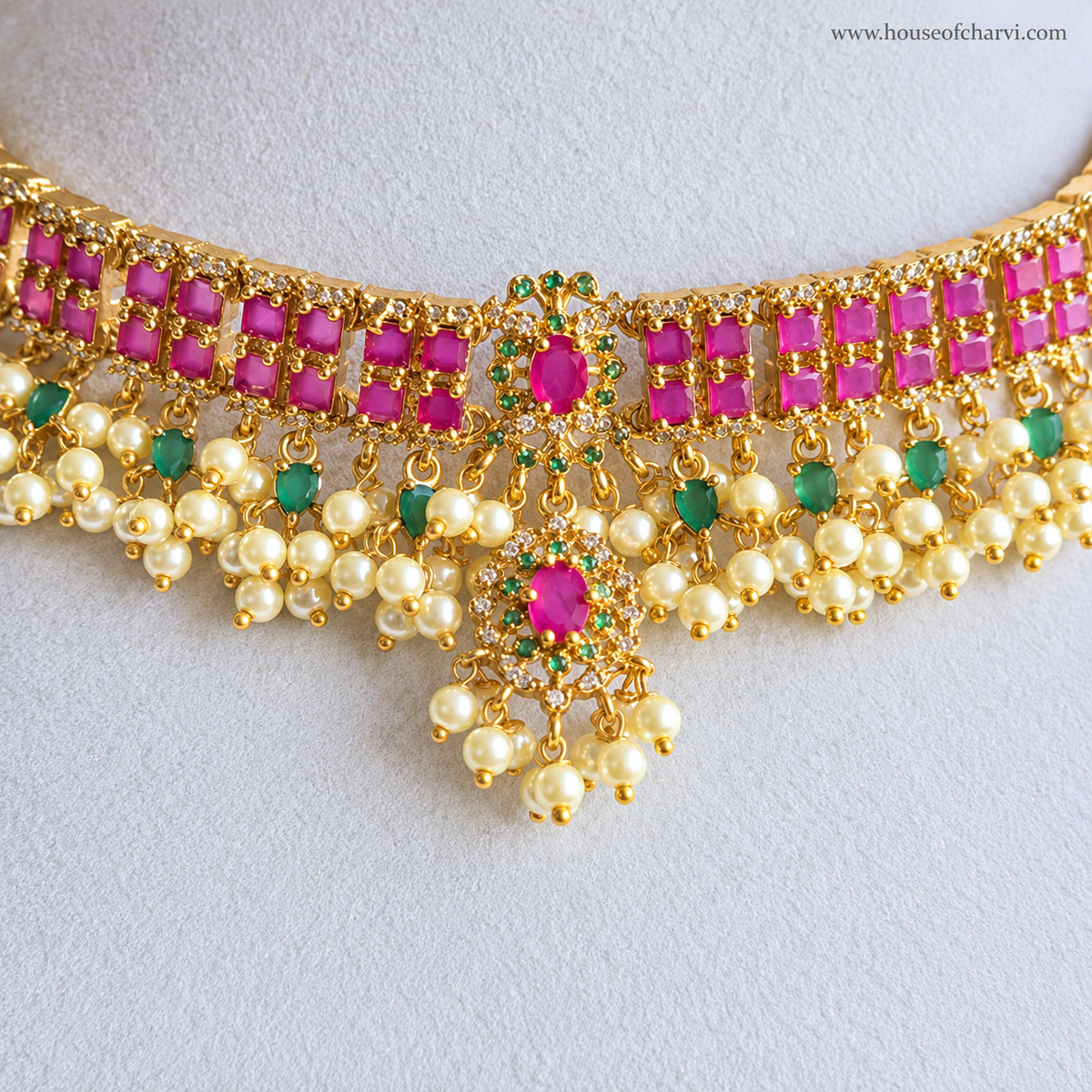Ruby CZ Pearl Choker Necklace Set