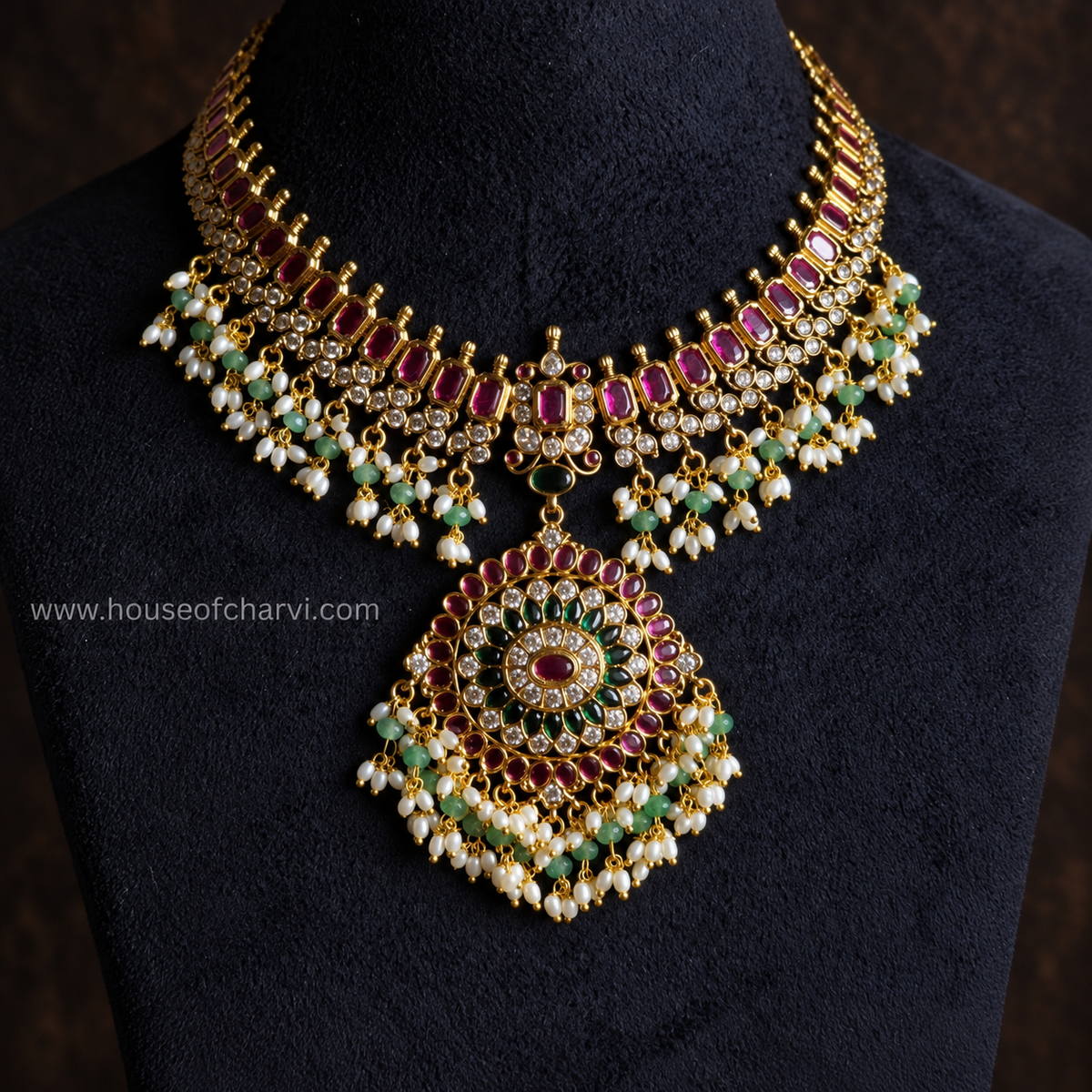 Ruby Green Kundan Necklace Set