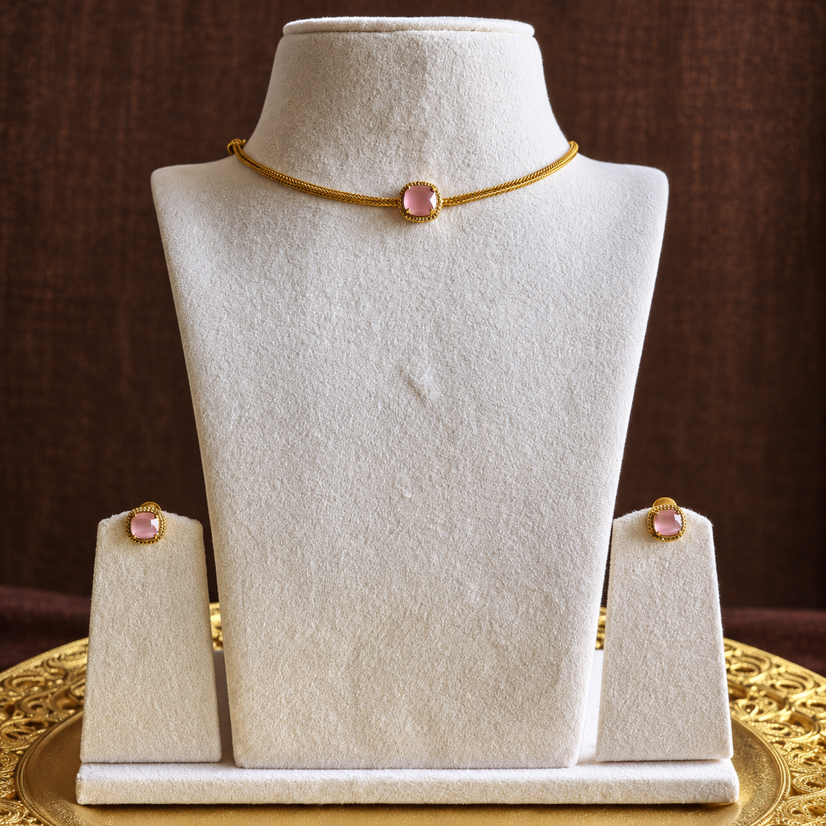 Minimal Pink Stone Gold-Toned Necklace Set