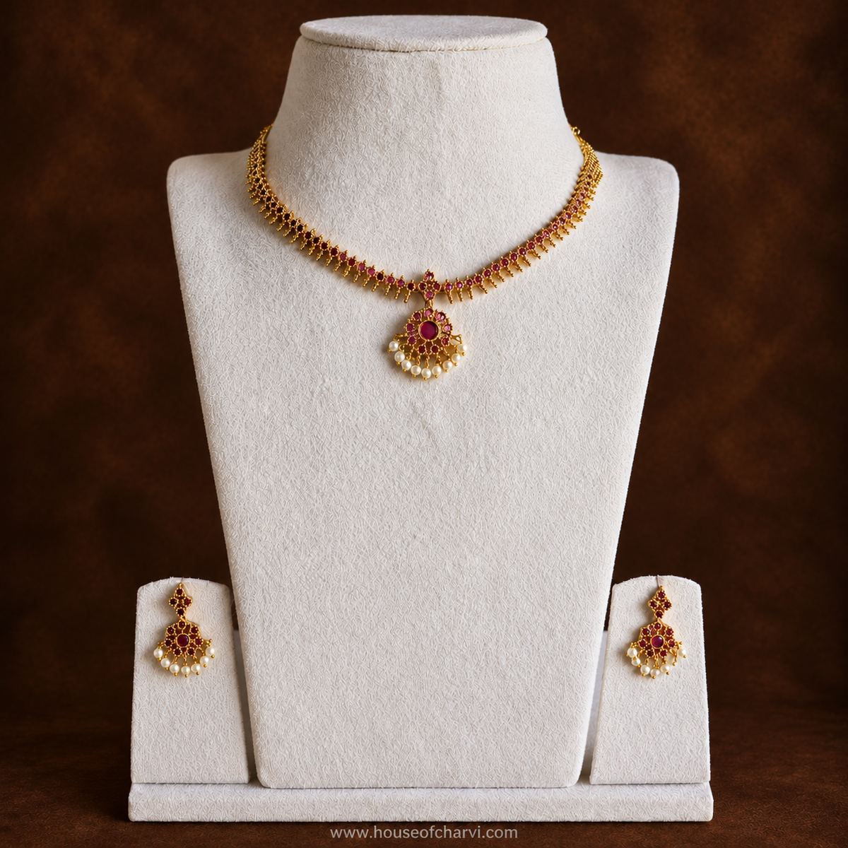 Ruby Pearl Drop Necklace Set