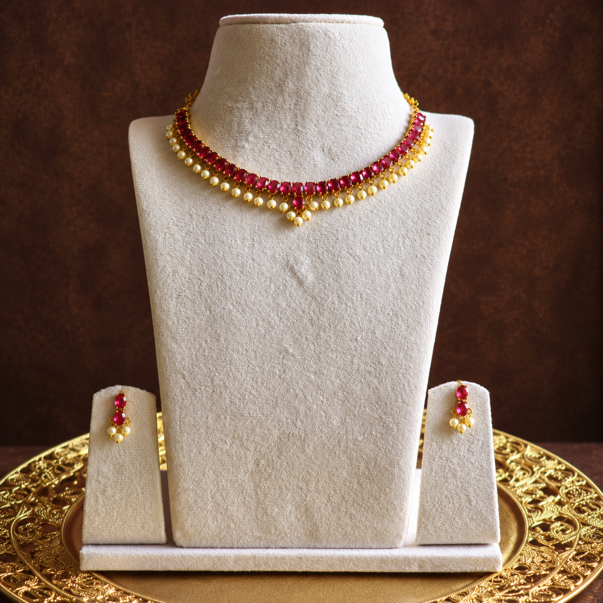 Ruby Red Stone Pearl Drop Necklace Set