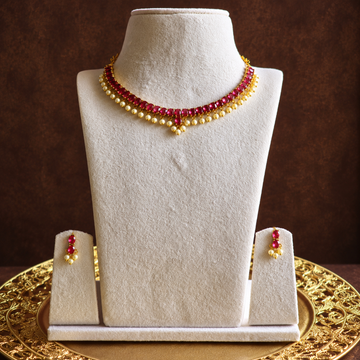 Ruby Red Stone Pearl Drop Necklace Set