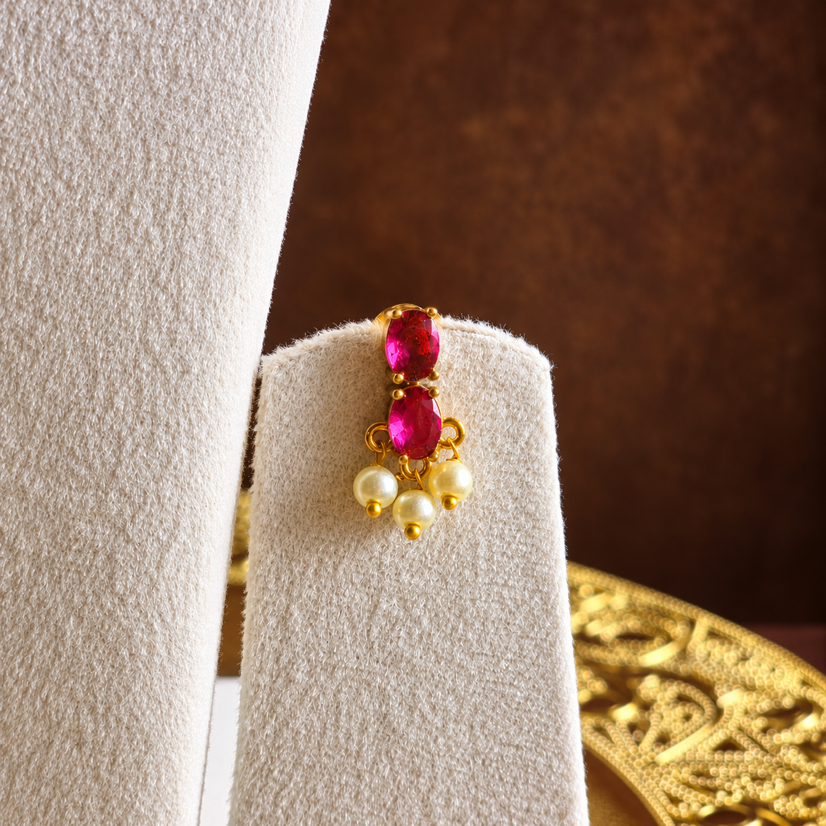 Ruby Red Stone Pearl Drop Necklace Set