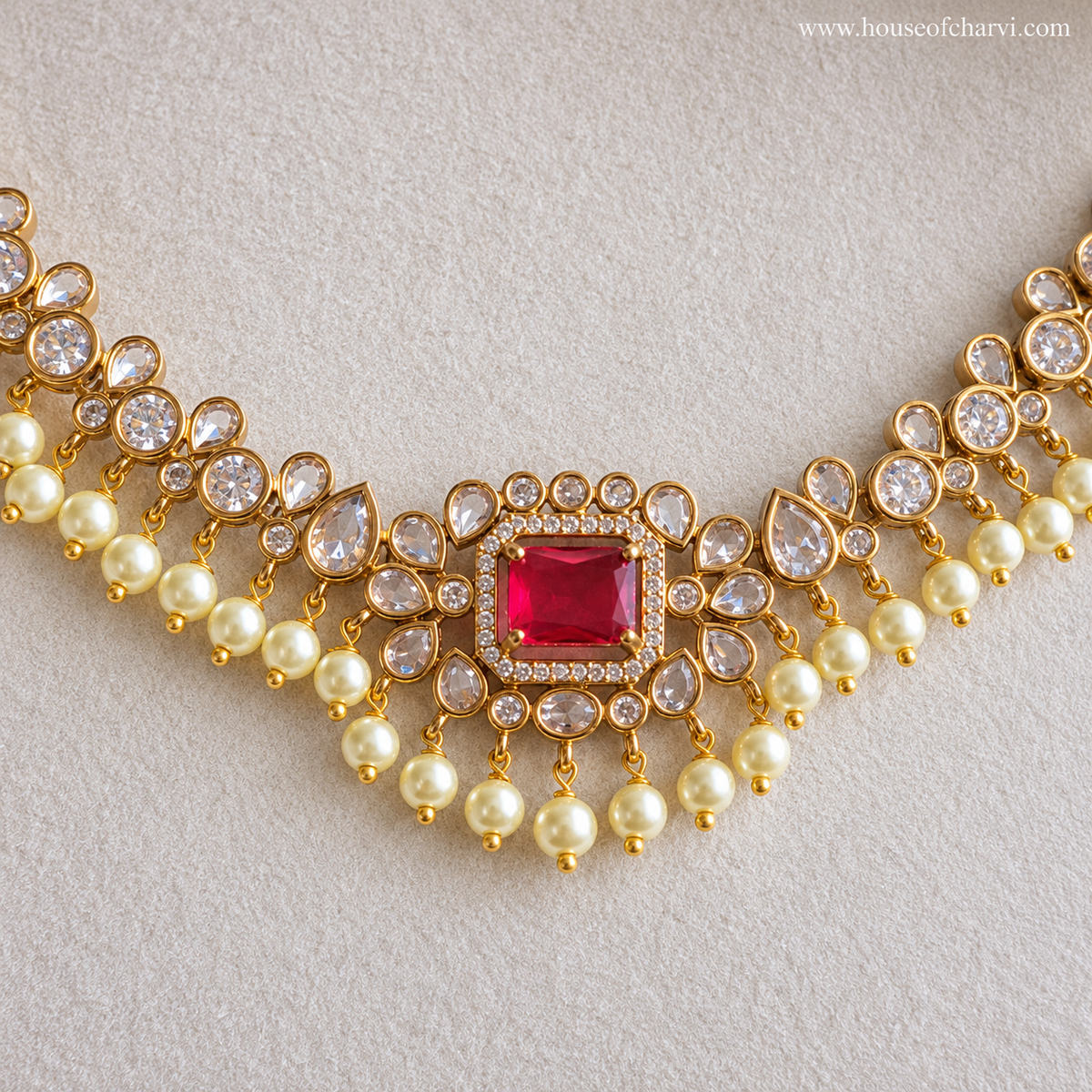 Ruby CZ Pearl Necklace Set