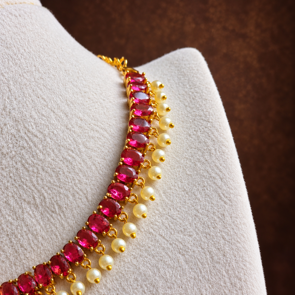 Ruby Red Stone Pearl Drop Necklace Set