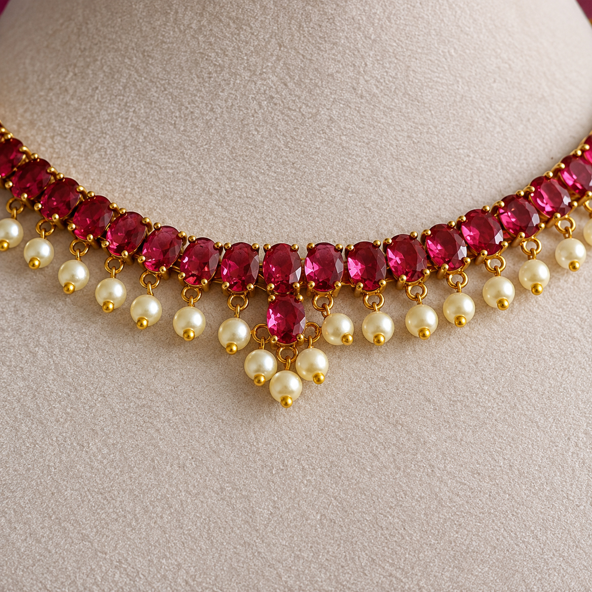 Ruby Red Stone Pearl Drop Necklace Set
