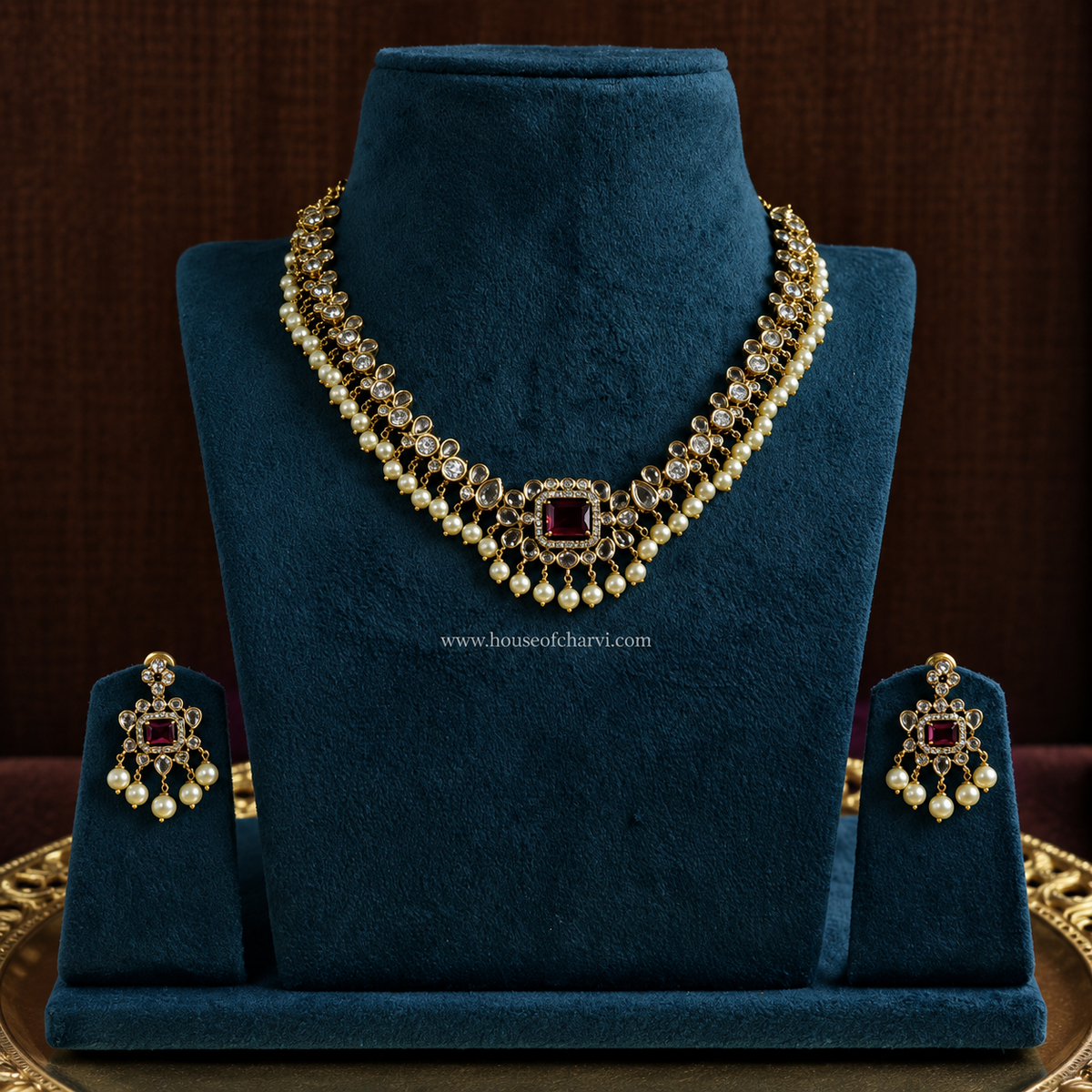 Ruby CZ Pearl Necklace Set